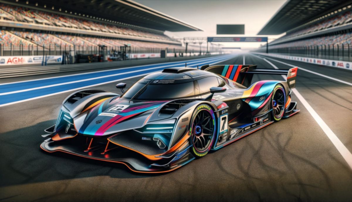 DALL·E 2024-02-21 15.21.36 - Visualize a sleek modern racing car, designed with aerodynamic perfection and cutting-edge technology. Its body is painted in a striking combination o_副本