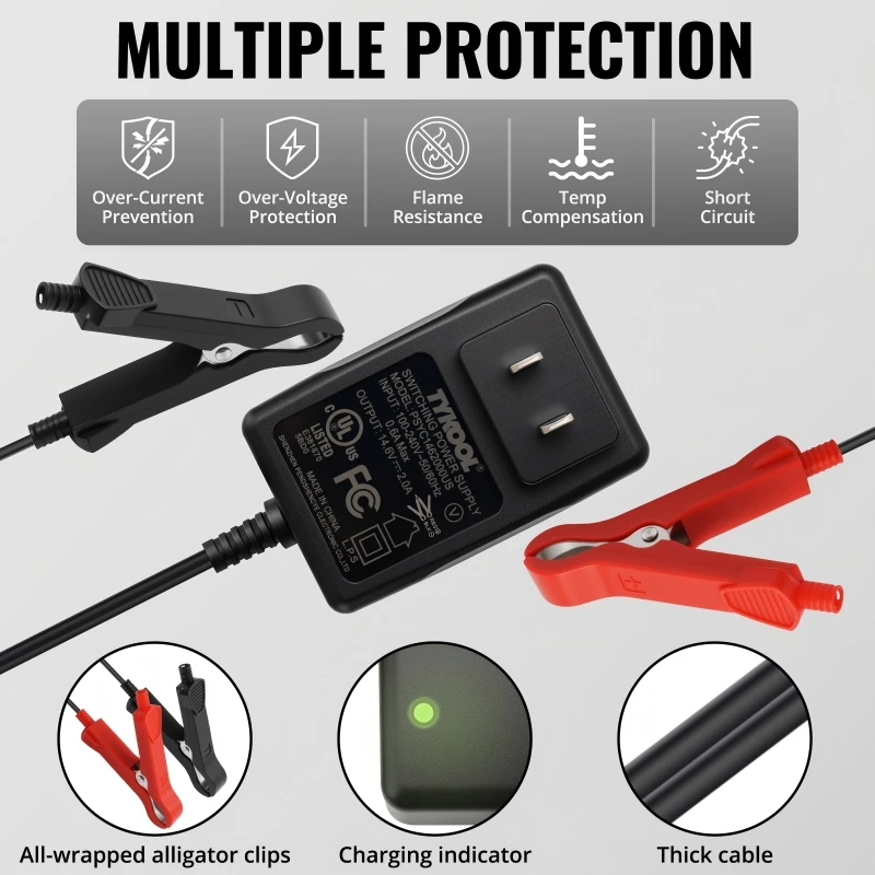 TYKOOL 12V 2A LiFePO4 Battery Charger, Fits for Motorcycle, Ride on Toy Car, Lawn Mower