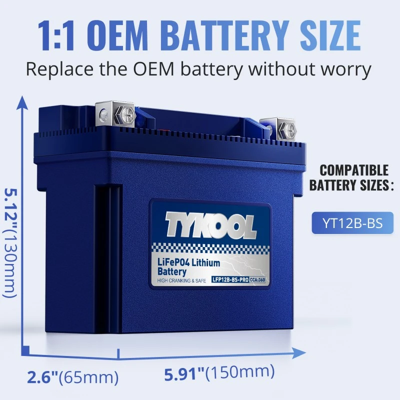 TYKOOL YT12B-BS 12V 6Ah 360CCA Motorcycle Scooter Lithium LiFePO4 Battery