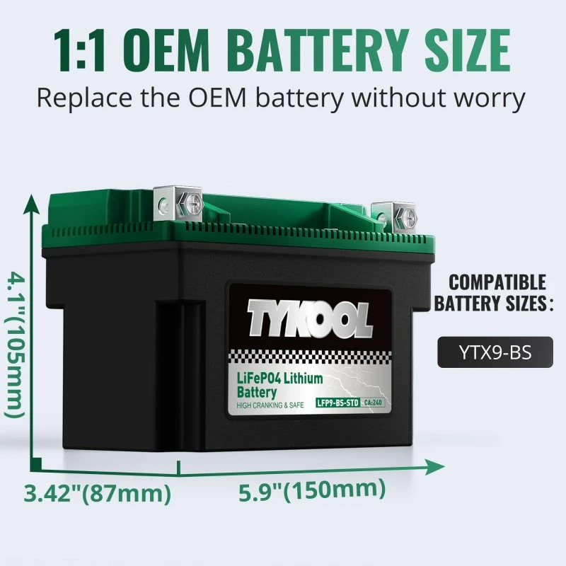 TYKOOL YTX9-BS-STD 240CCA LiFePO4 Lithium Battery Built-In BMS