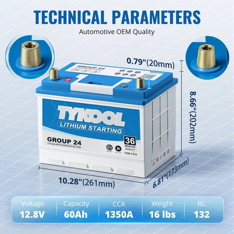 TYKOOL 12V 60Ah Group 24 LiFePO4 Car Battery 1350CCA Fits Toyota Honda Boat RV