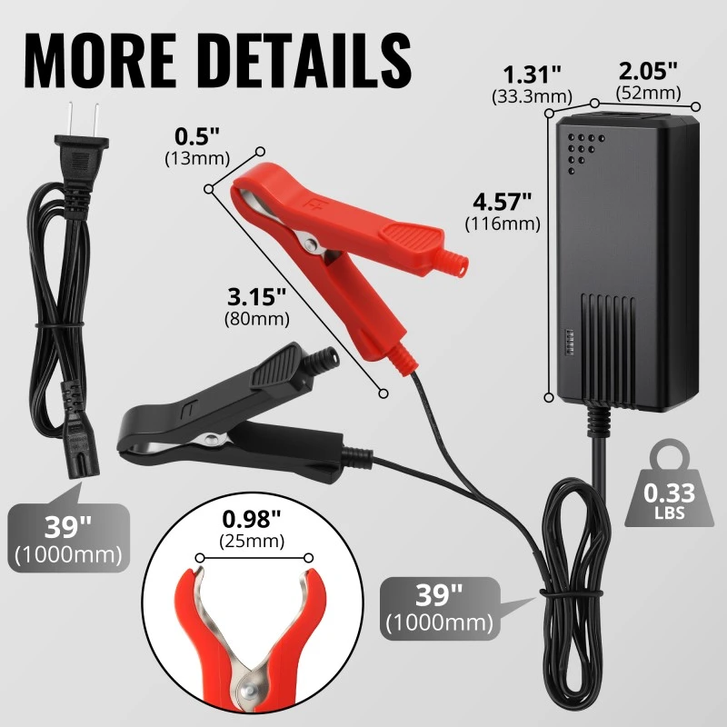 TYKOOL 12V 3A DC Smart Lithium Battery Charger Fits for Motorcycle, Car, Trucks, Lawn Mower