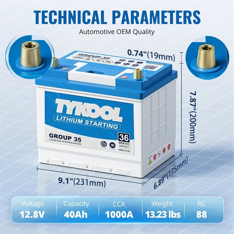 TYKOOL 12V 40Ah Lithium Car Battery Group 35 Fits Toyota, Subaru, Nissan