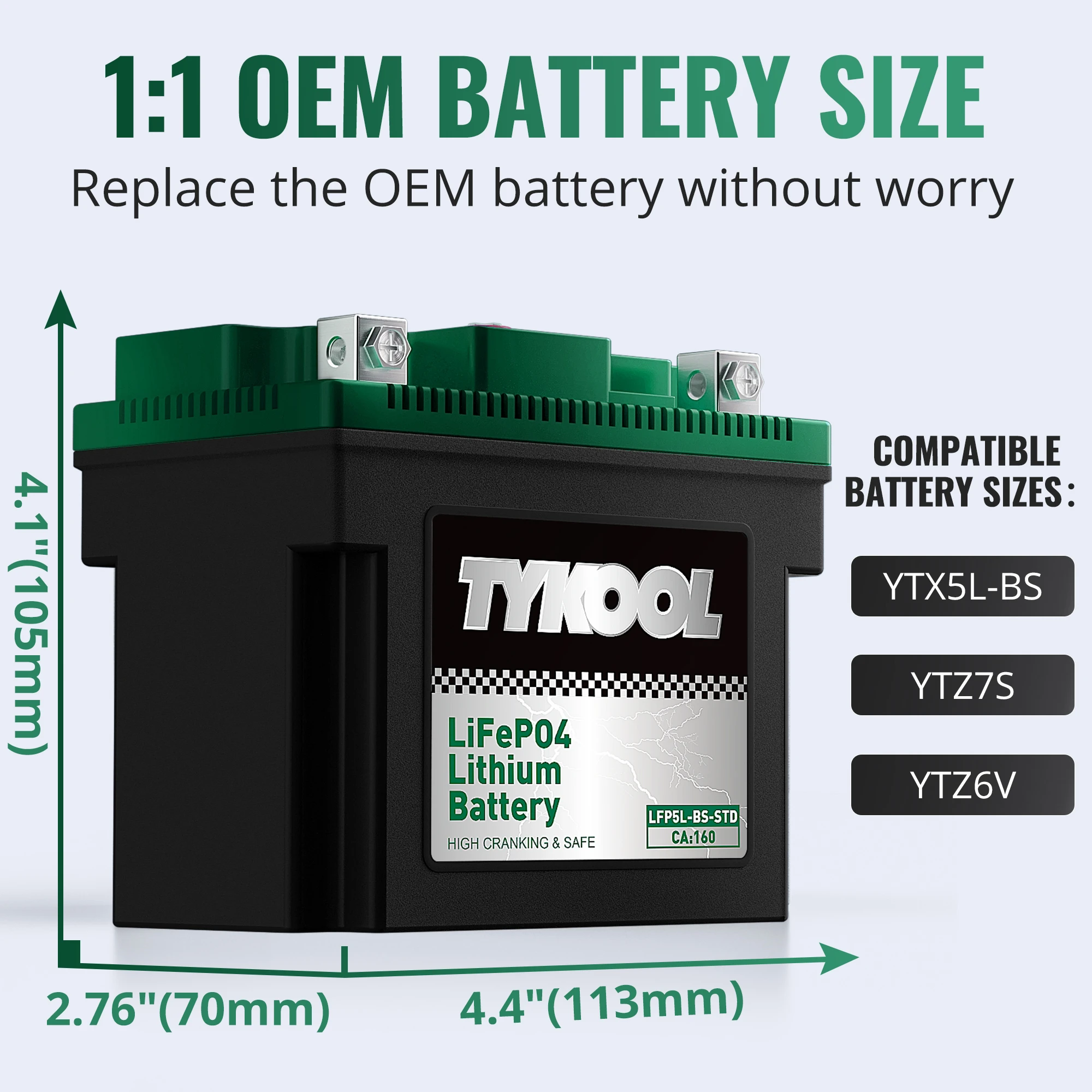 TYKOOL YTX5L-BS 12.8V LiFePO4 Lithium Battery for Motorcycle/ATV/Scooter