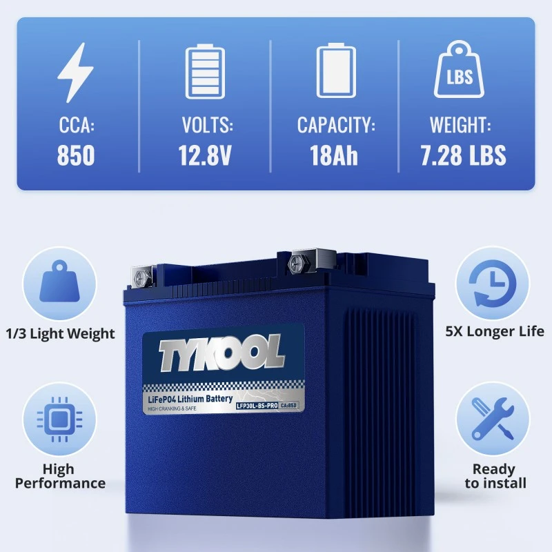 TYKOOL 2 Pack YTX30L-BS-PRO 18Ah 800CCA UTV Snowmobile Harley Davidson LiFePO4 Battery