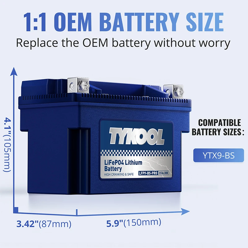 TYKOOL YTX9-BS-PRO 300CCA Long-life Lithium LiFePO4 Motorcycle ATV Battery