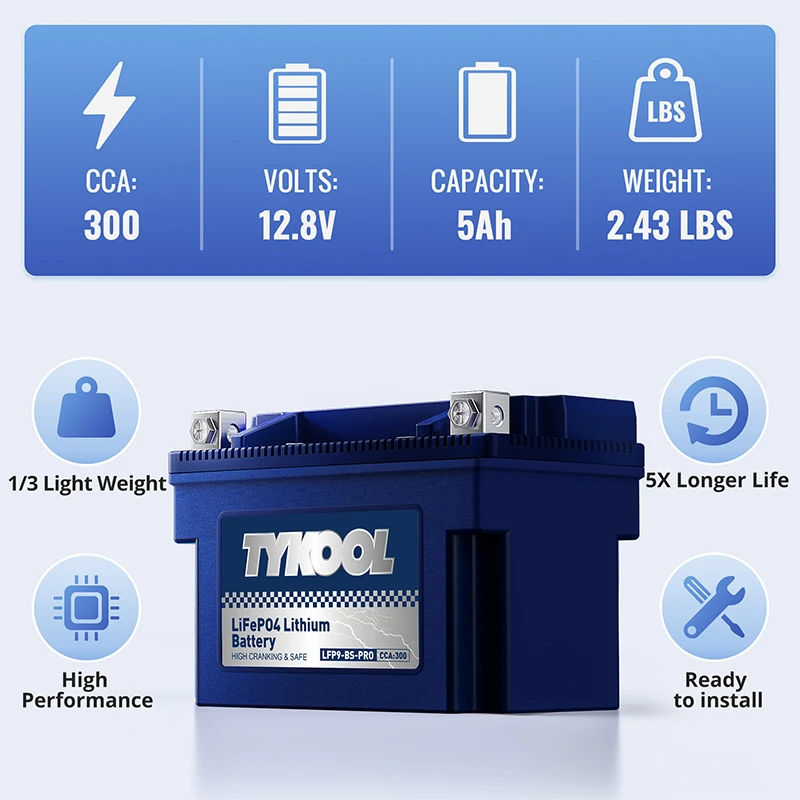 TYKOOL YTX9-BS-PRO 300CCA Long-life Lithium LiFePO4 Motorcycle ATV Battery
