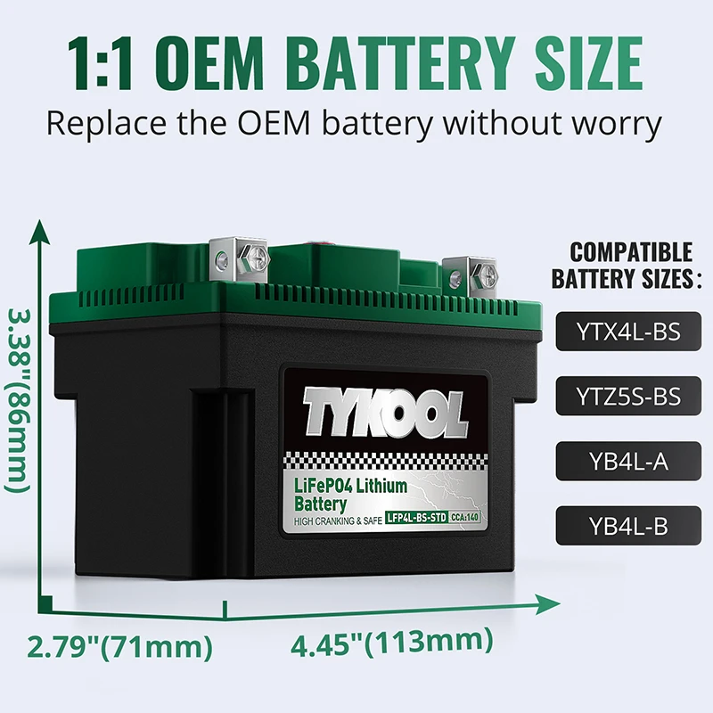 TYKOOL YTX4L-BS 12.8V 140CCA Lithium Powersport Battery Replacement