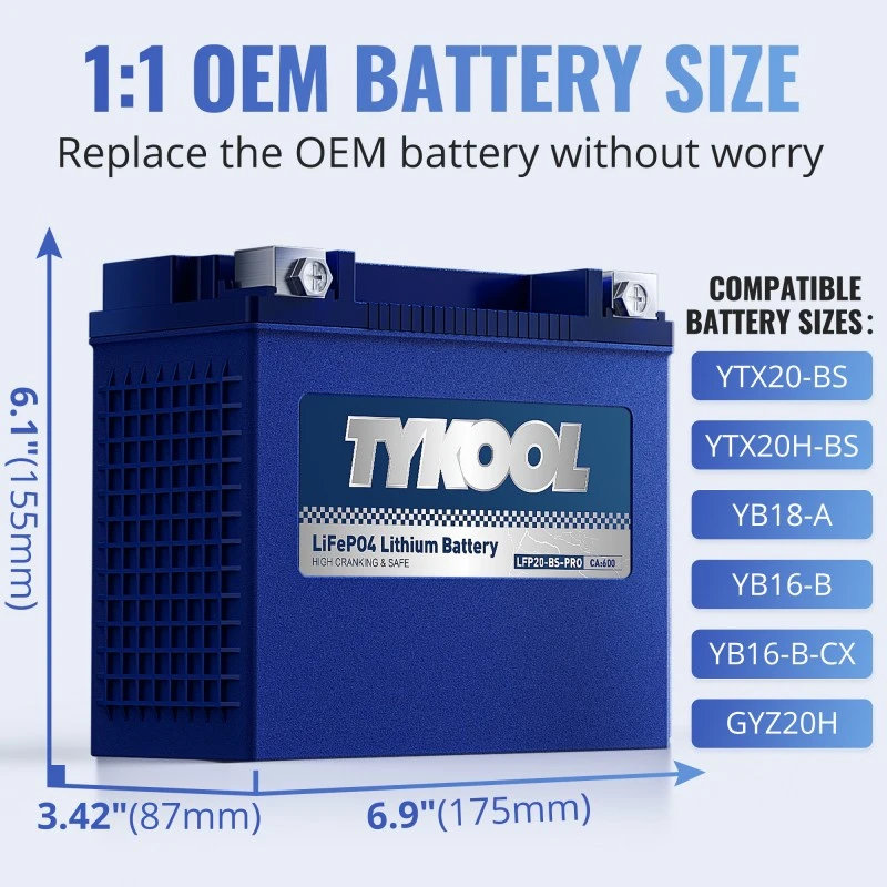TYKOOL YTX20-BS 12Ah  600A Long Lasting Lithium Jetski Motorcycle Snowmobile Battery