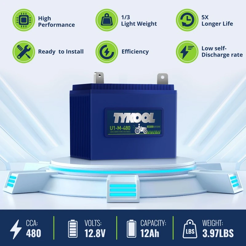 TYKOOL 12Ah 480CCA Group U1 Lithium LiFePO4 Lawn Mower Garden Tractor Battery