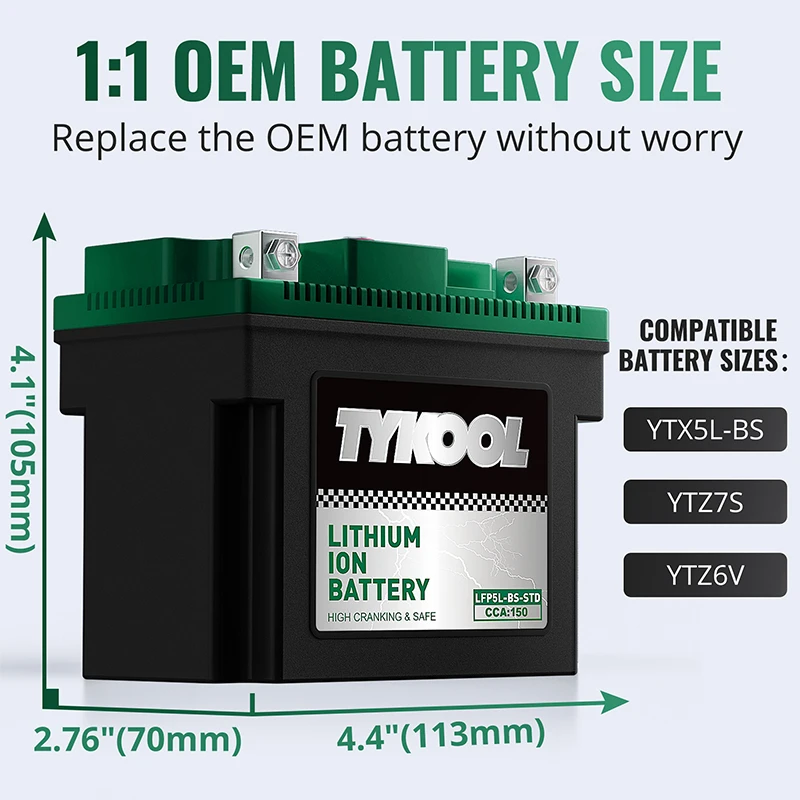 TYKOOL YTX5L-BS 12.8V LiFePO4 Lithium Battery for Motorcycle/ATV/Scooter