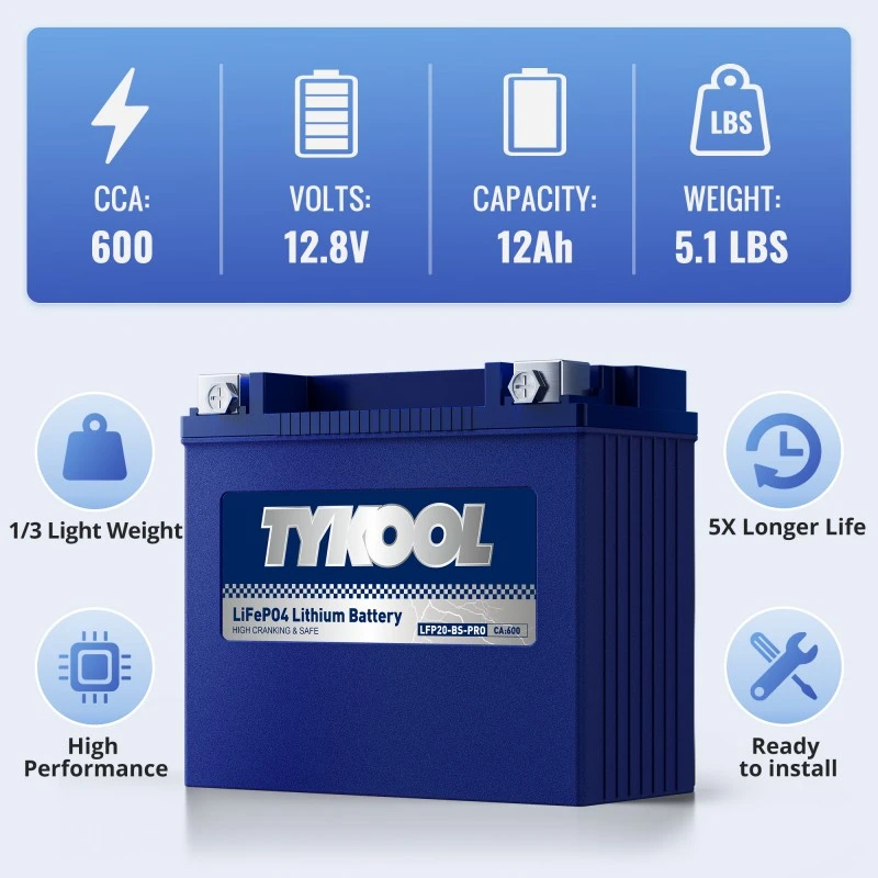 TYKOOL YTX20-BS 12Ah  600A Long Lasting Lithium Jetski Motorcycle Snowmobile Battery