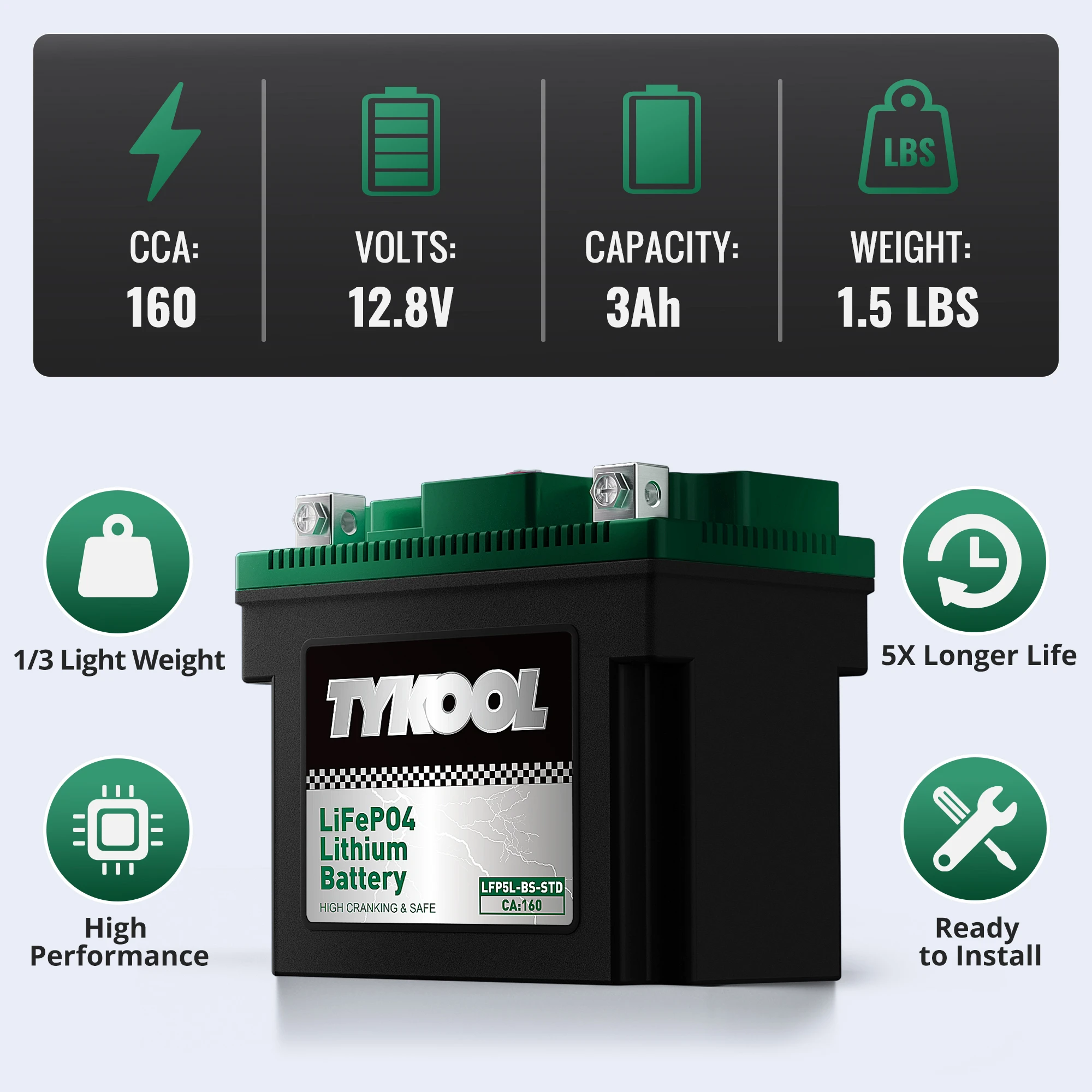 TYKOOL YTX5L-BS 12.8V LiFePO4 Lithium Battery for Motorcycle/ATV/Scooter