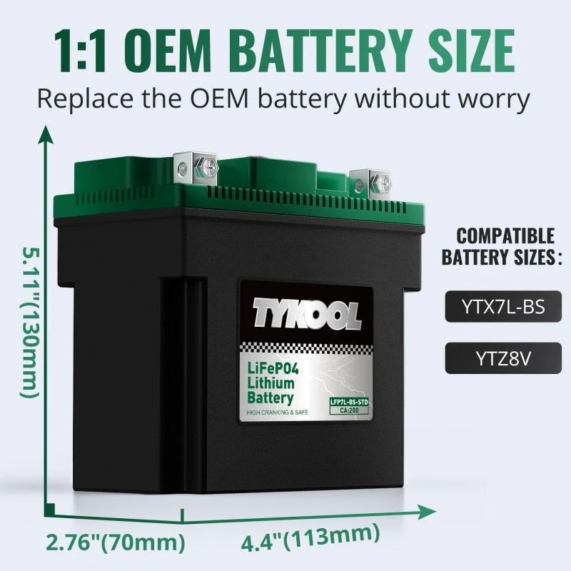 TYKOOL YTX7L-BS-STD 180CCA Lithium LiFePO4 Motorcycle ATV Battery