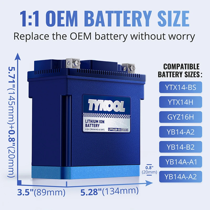 TYKOOL YTX14AH-BS High Performance LiFePO4 Lithium ATV UTV Scooter Battery