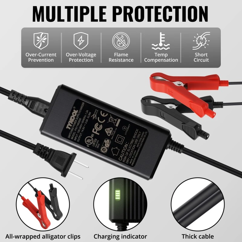 TYKOOL 12V 3A DC Smart Lithium Battery Charger Fits for Motorcycle, Car, Trucks, Lawn Mower