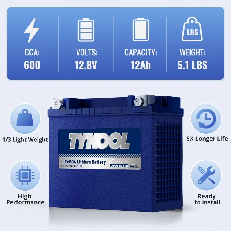 TYKOOL YTX20-BS 12Ah  600A Long Lasting Lithium Jetski Motorcycle Snowmobile Battery