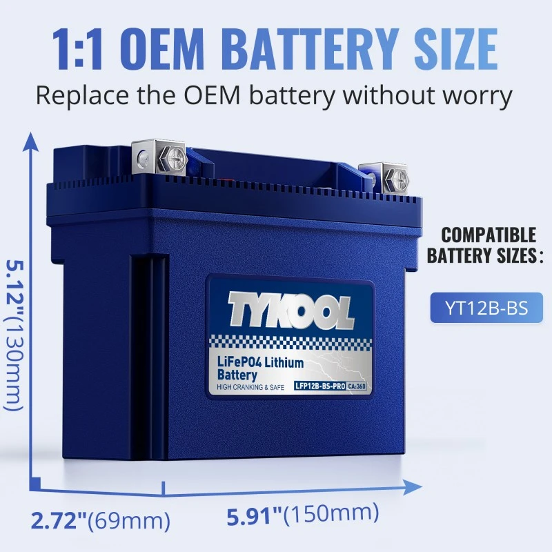TYKOOL YT12B-BS 12V 6Ah 360CCA Motorcycle Scooter Lithium LiFePO4 Battery