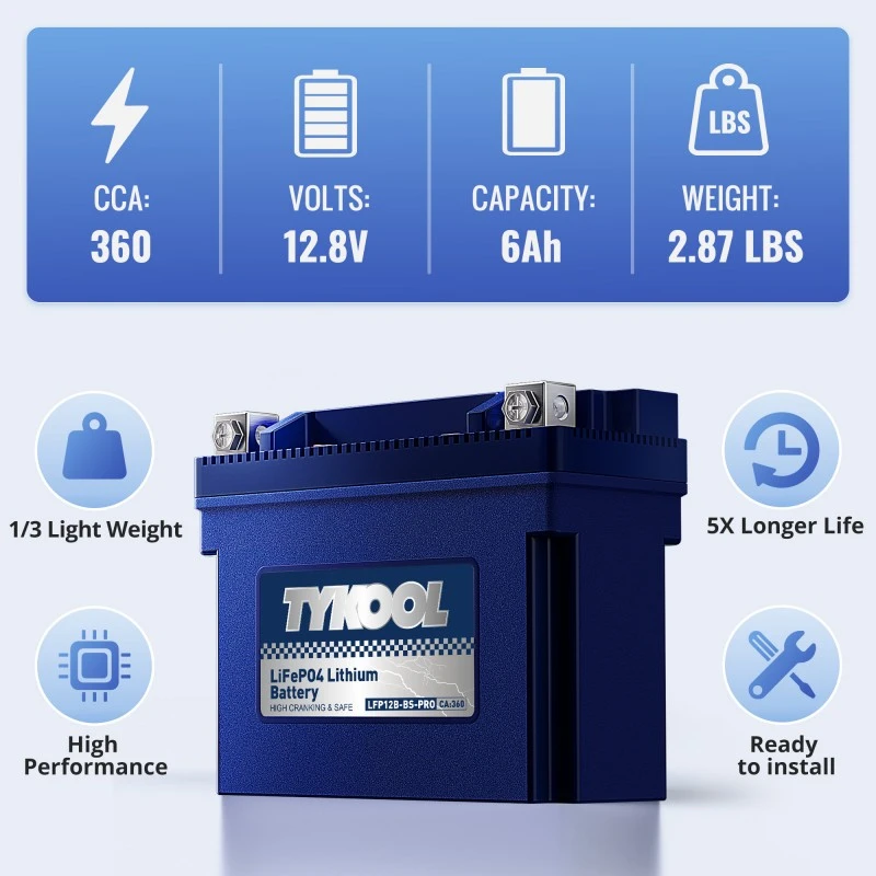 TYKOOL YT12B-BS 12V 6Ah 360CCA Motorcycle Scooter Lithium LiFePO4 Battery