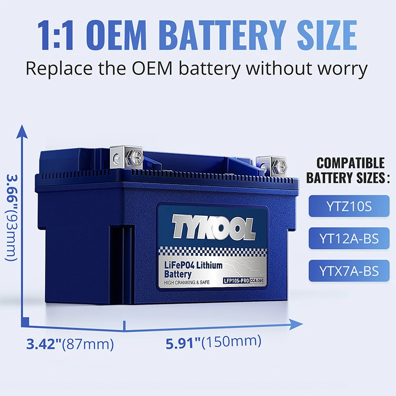 TYKOOL YTZ10S 12.8V 6Ah 360CCA Lithium LiFePO4 ATV Motorcycle Battery