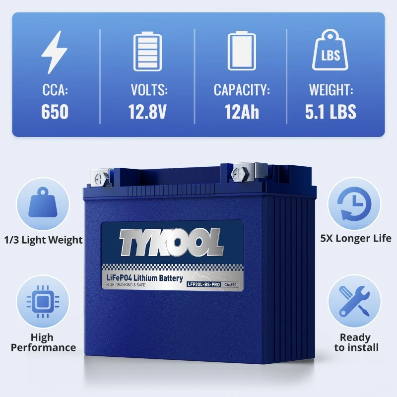 TYKOOL 2 Pack YTX20L-BS-PRO 12.8V 600A Lightweight Lithium Snowmobile Battery
