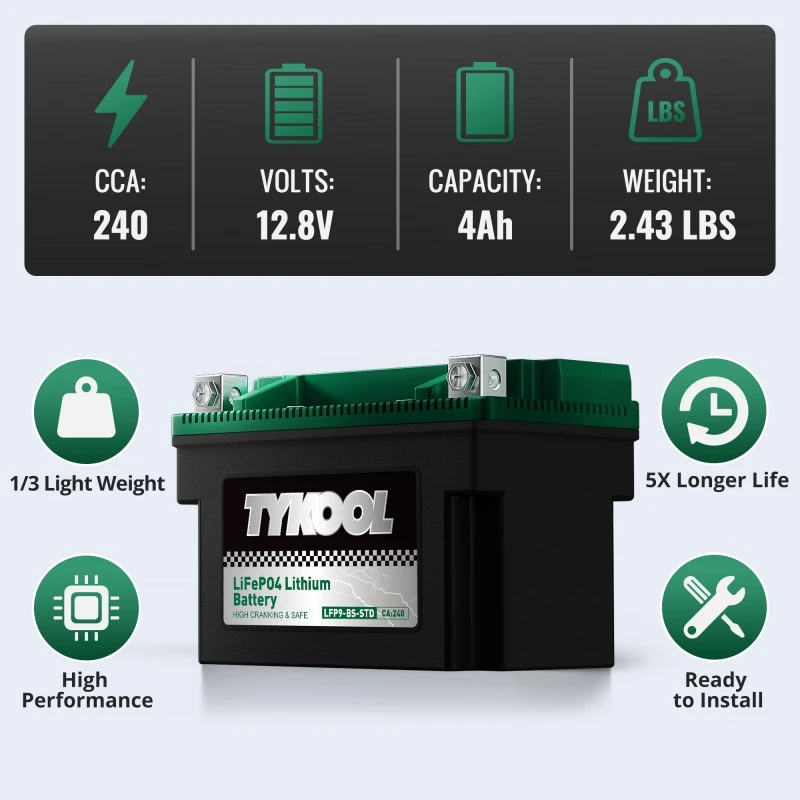TYKOOL YTX9-BS-STD 240CCA LiFePO4 Lithium Battery Built-In BMS