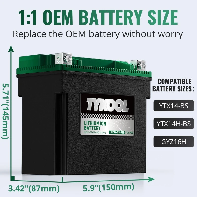 TYKOOL 2 Pack YTX14-BS 12.8V 400CCA Lithium Motorcycle ATV Battery