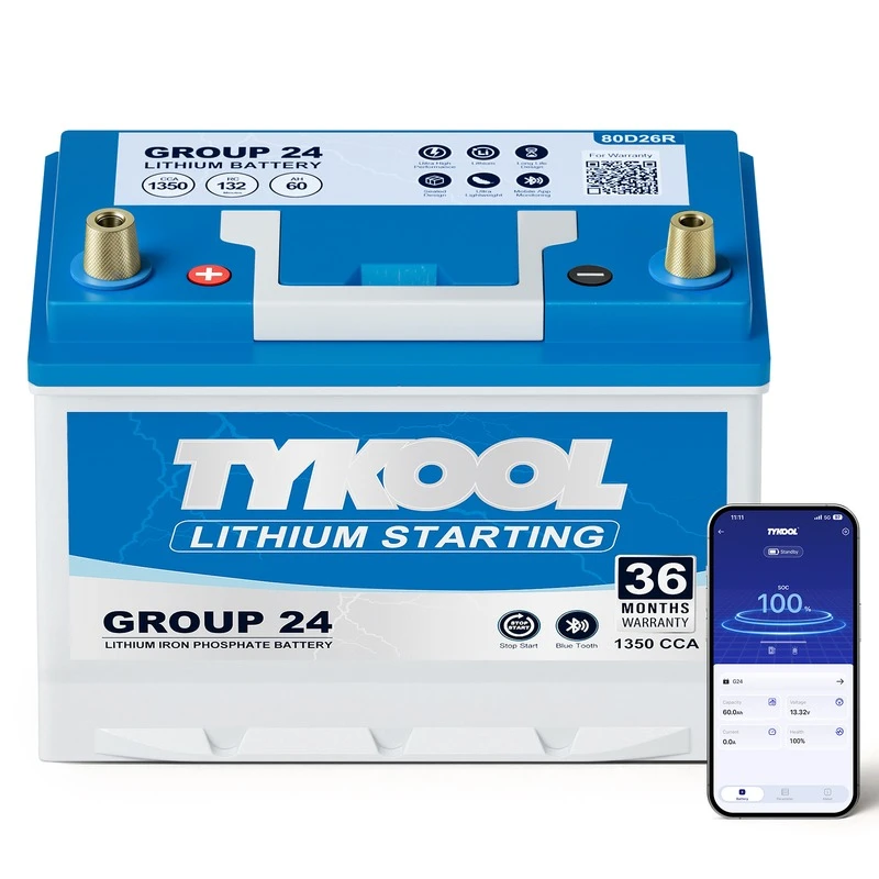 TYKOOL 12V 60Ah Group 24 LiFePO4 Car Battery 1350CCA Fits Toyota Honda Boat RV